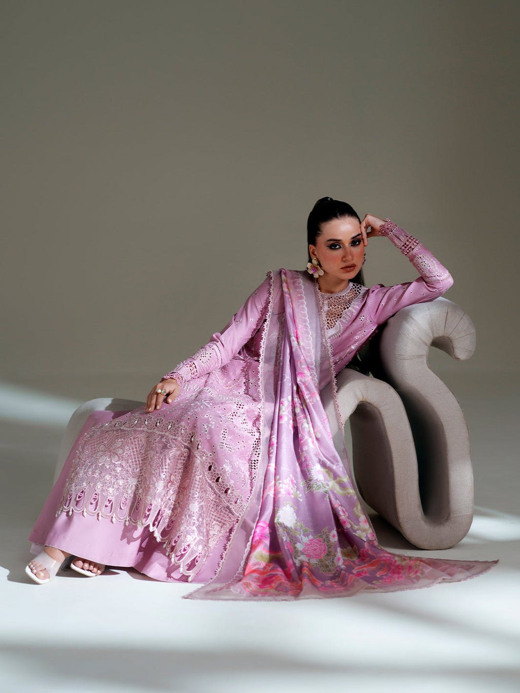 Mauve Lavender Embroidered Cutwork Luxury Ensemble