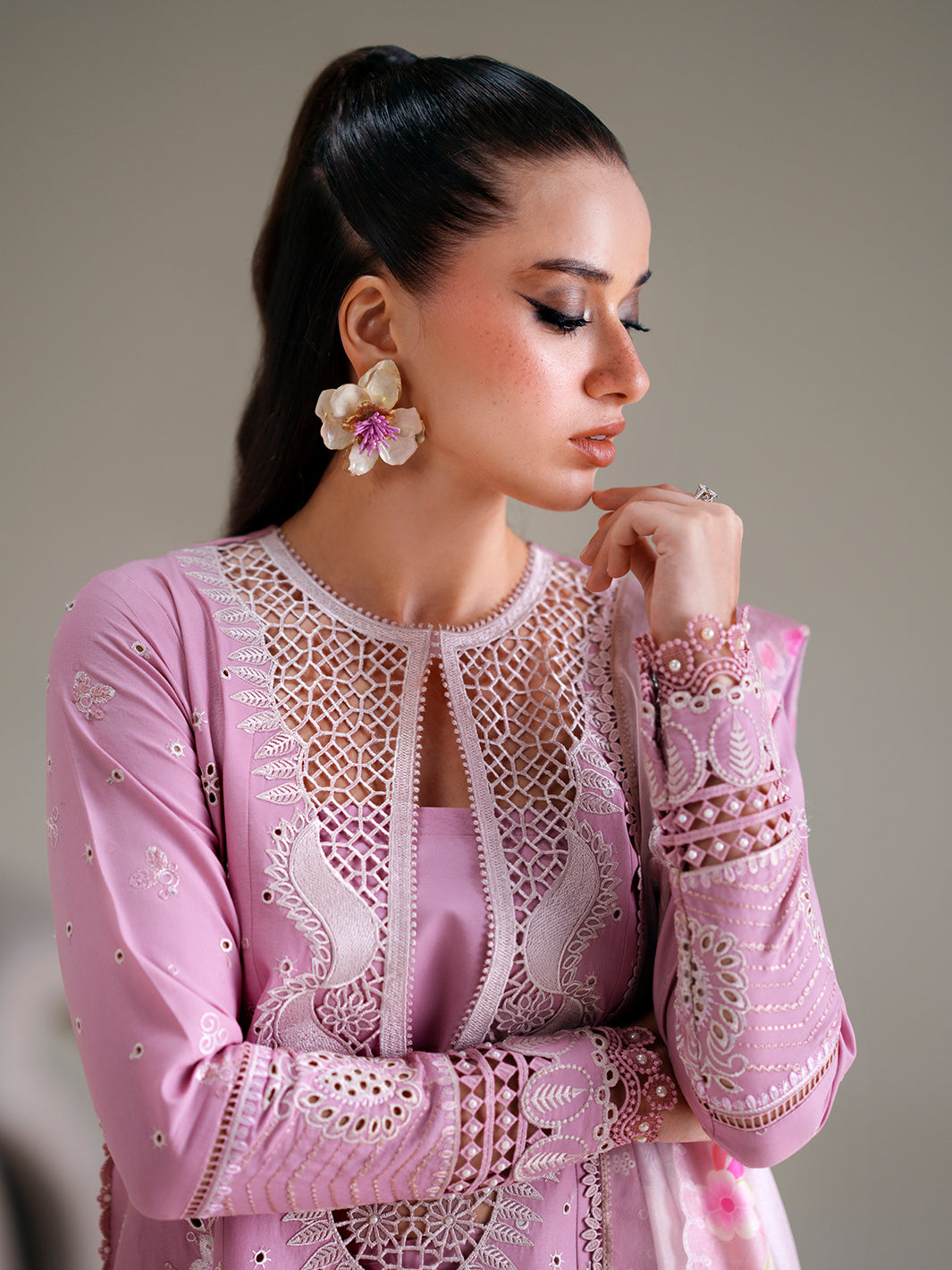 Mauve Lavender Embroidered Cutwork Luxury Ensemble