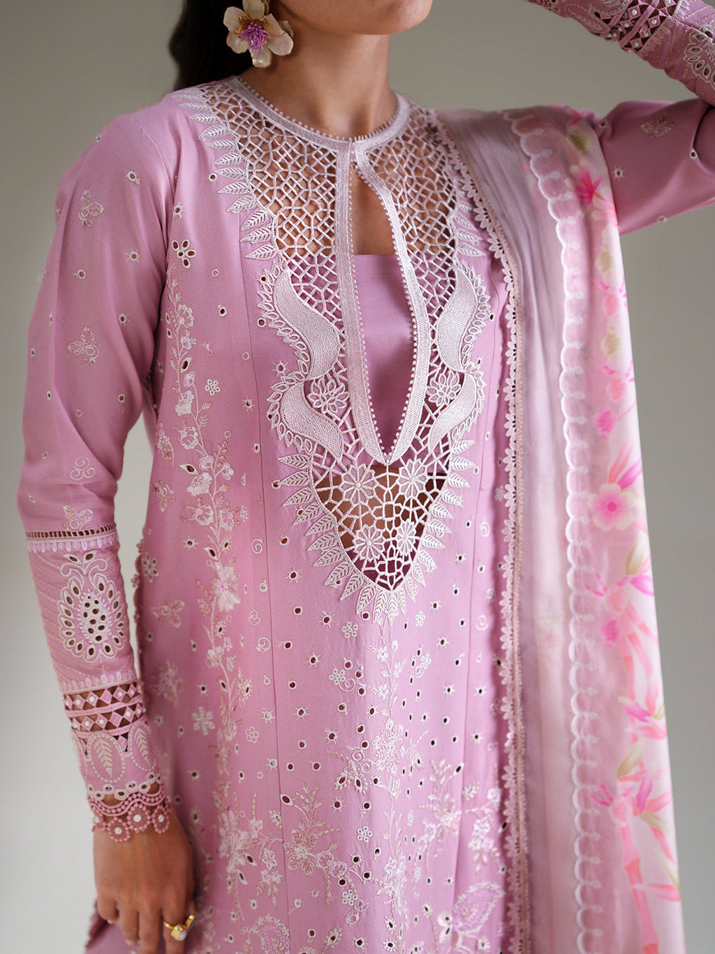 Mauve Lavender Embroidered Cutwork Luxury Ensemble