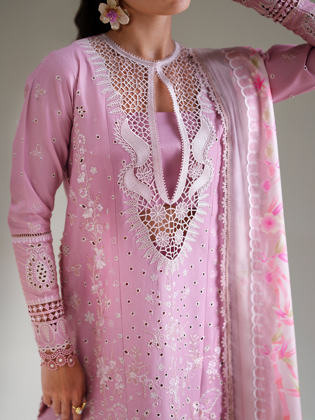 Mauve Lavender Embroidered Cutwork Luxury Ensemble