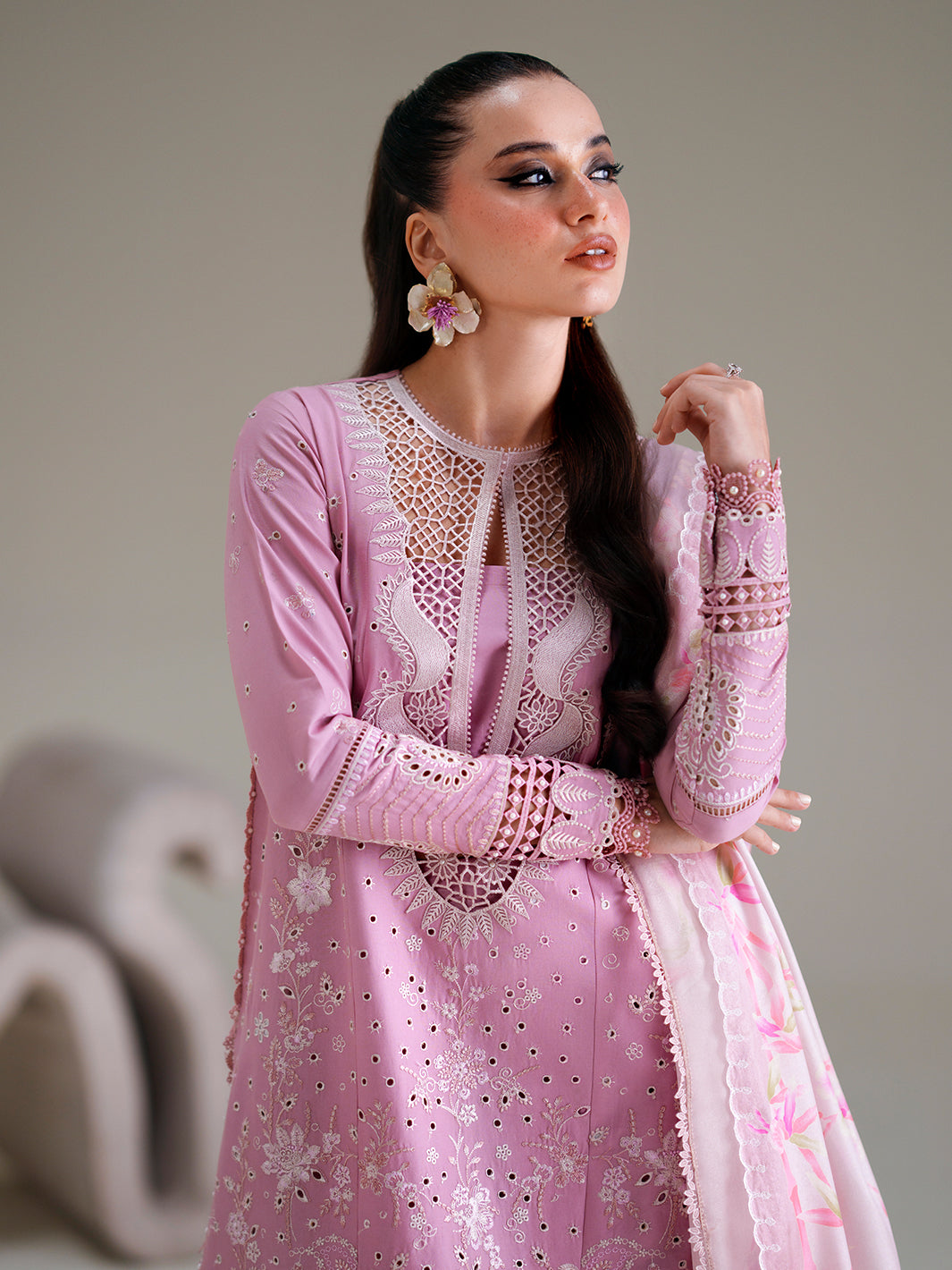 Mauve Lavender Embroidered Cutwork Luxury Ensemble