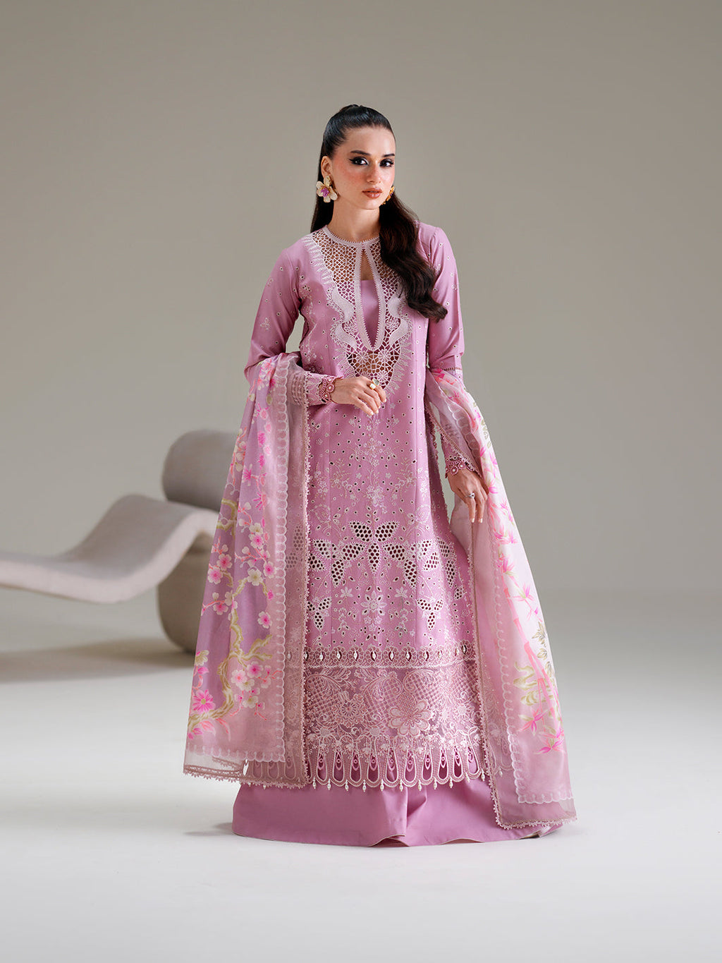 Mauve Lavender Embroidered Cutwork Luxury Ensemble