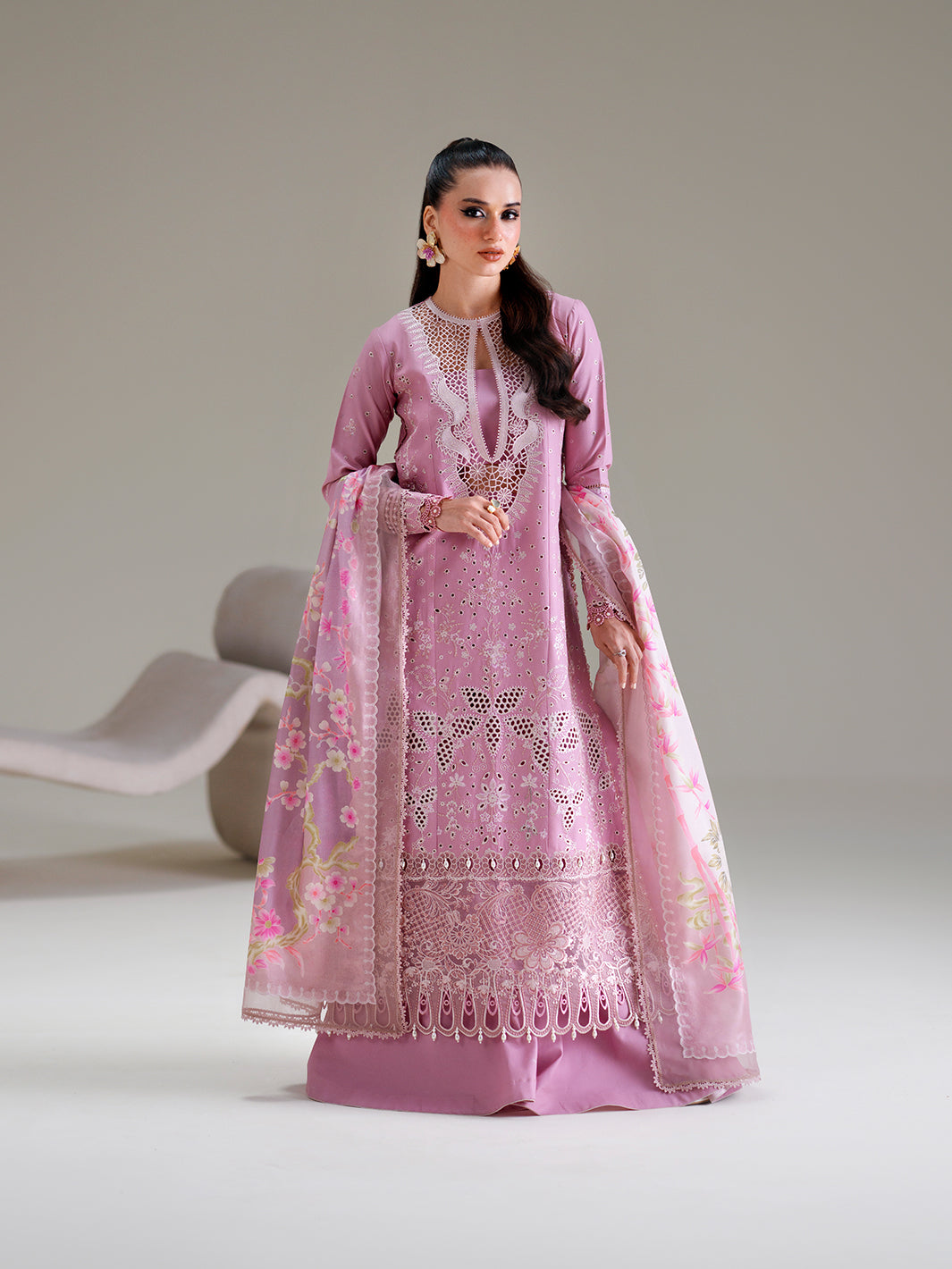 Mauve Lavender Embroidered Cutwork Luxury Ensemble