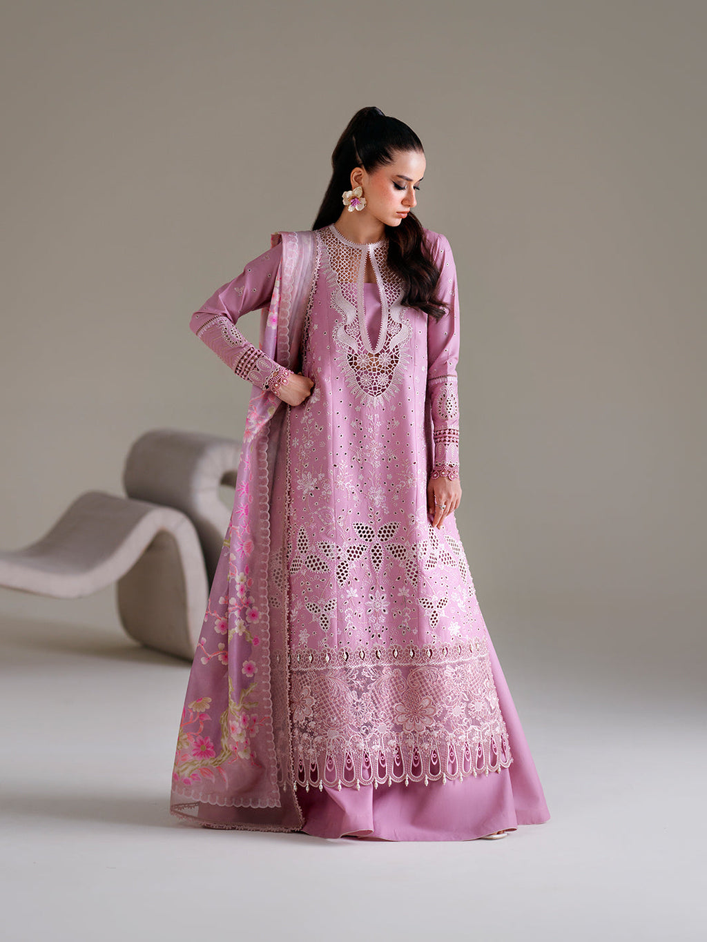Mauve Lavender Embroidered Cutwork Luxury Ensemble