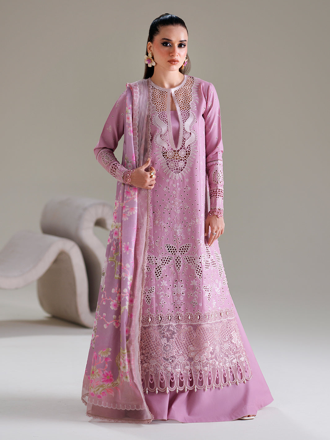 Mauve Lavender Embroidered Cutwork Luxury Ensemble
