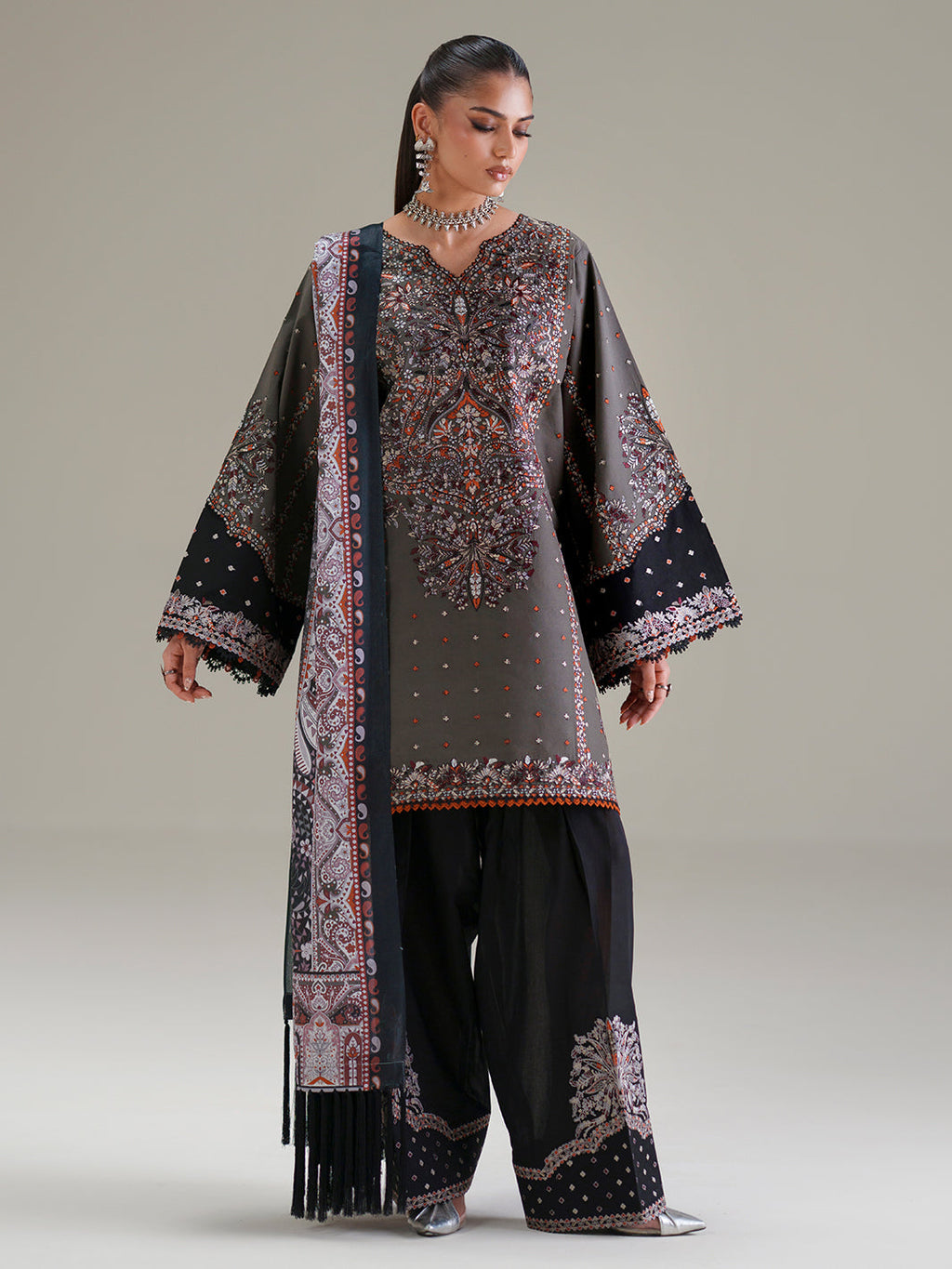 Charcoal Grey Embroidered Three-Piece Ethnic Suit