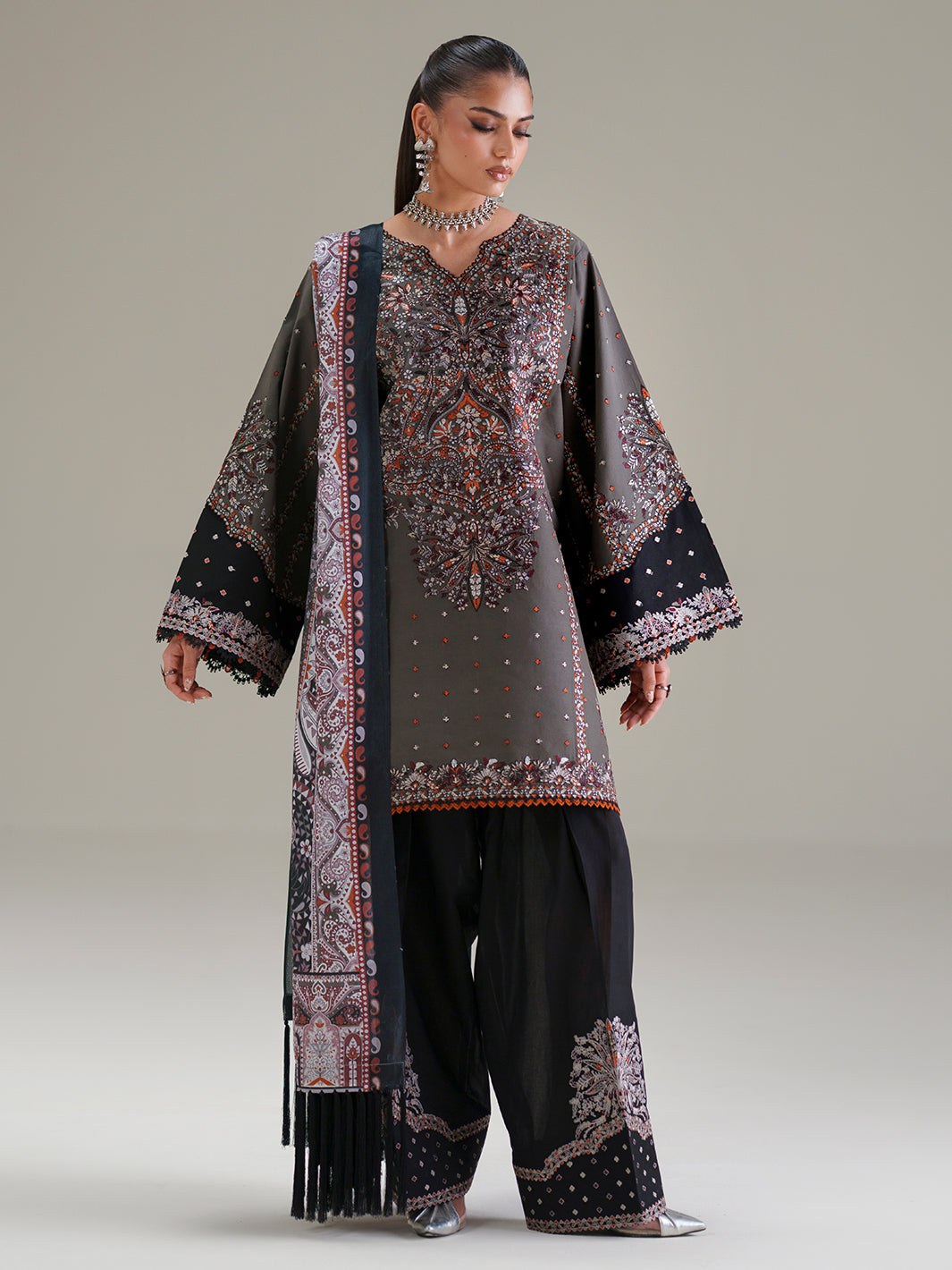 Charcoal Grey Embroidered Three-Piece Ethnic Suit
