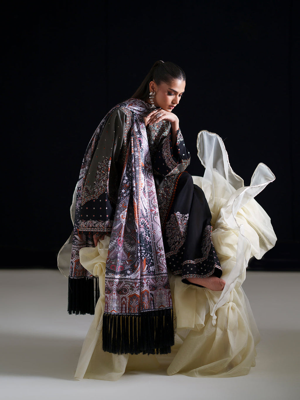 Charcoal Grey Embroidered Three-Piece Ethnic Suit