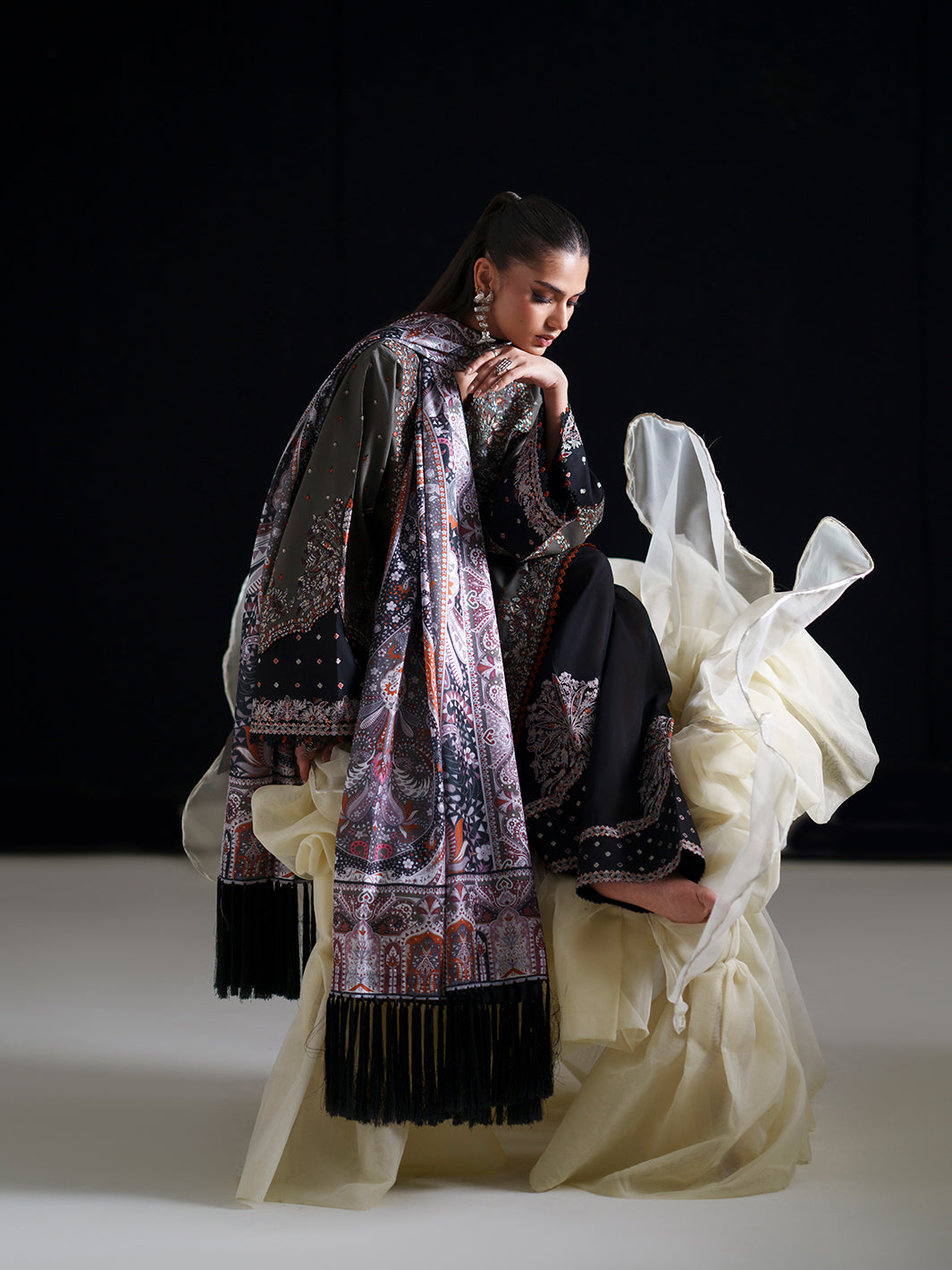 Charcoal Grey Embroidered Three-Piece Ethnic Suit