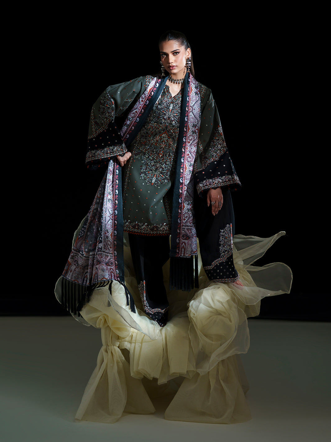Charcoal Grey Embroidered Three-Piece Ethnic Suit