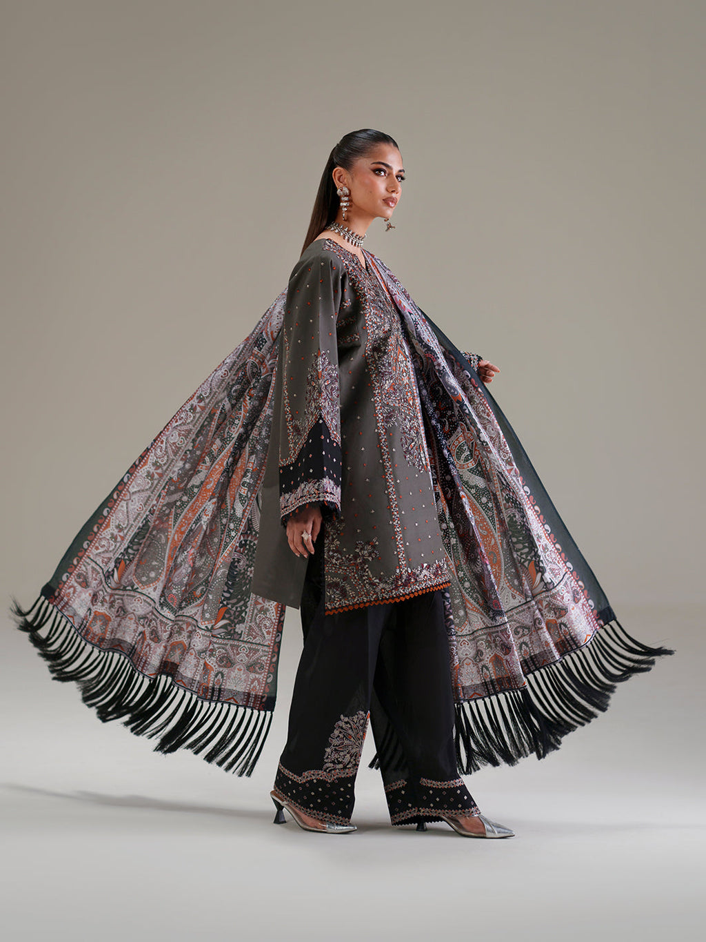 Charcoal Grey Embroidered Three-Piece Ethnic Suit