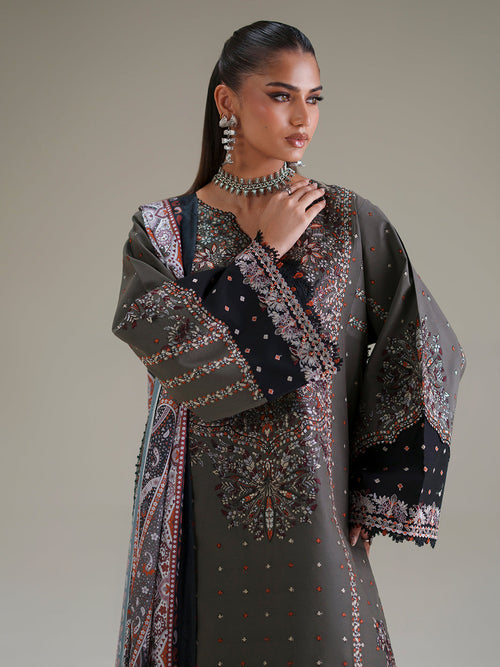 Charcoal Grey Embroidered Three-Piece Ethnic Suit