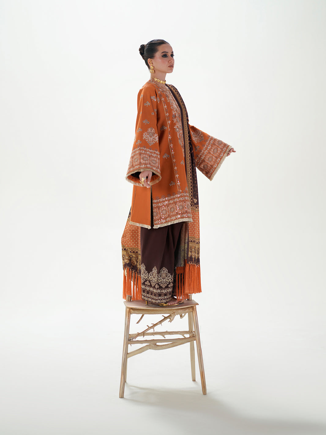 Burnt Orange Embroidered Three-Piece Ethnic Suit