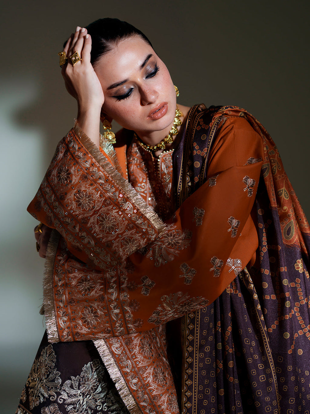 Burnt Orange Embroidered Three-Piece Ethnic Suit