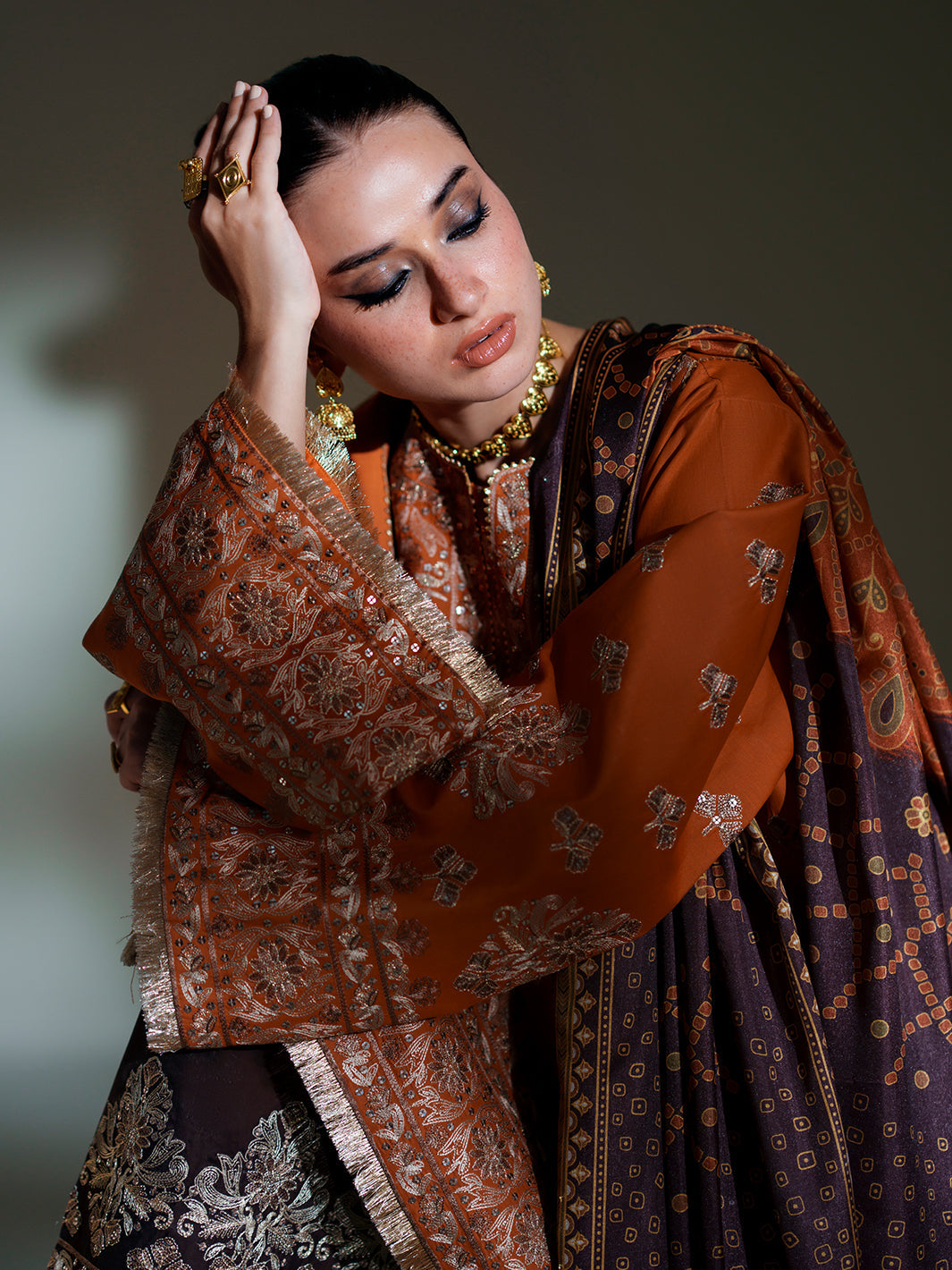 Burnt Orange Embroidered Three-Piece Ethnic Suit