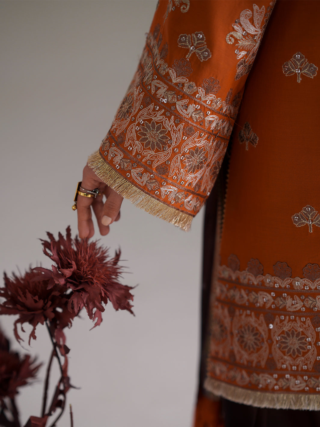 Burnt Orange Embroidered Three-Piece Ethnic Suit