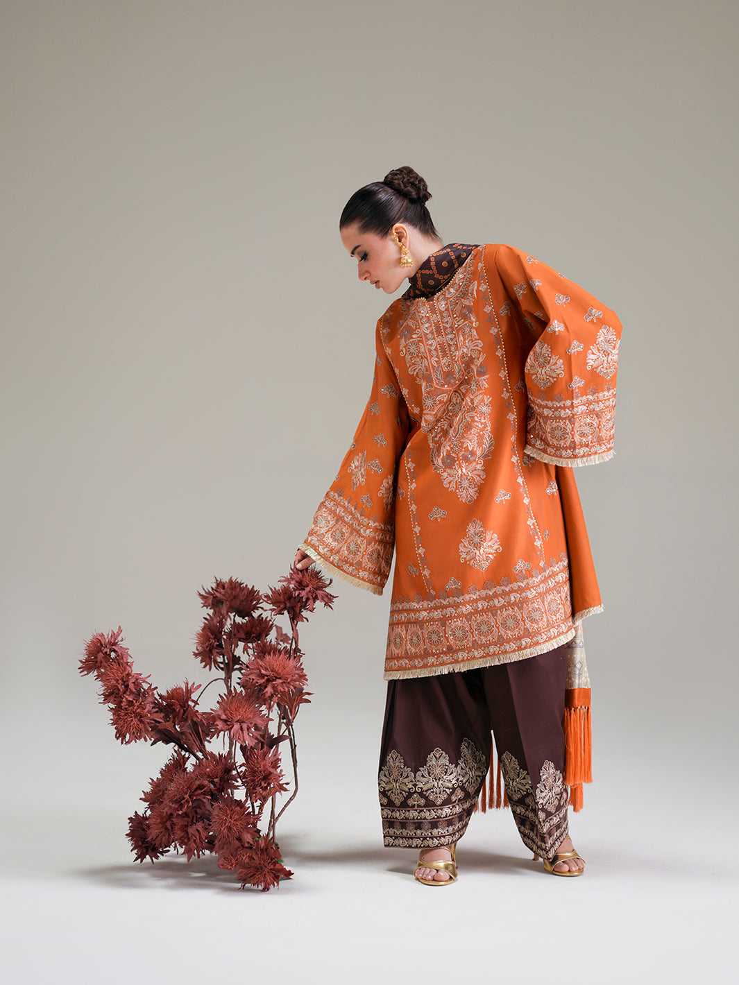 Burnt Orange Embroidered Three-Piece Ethnic Suit