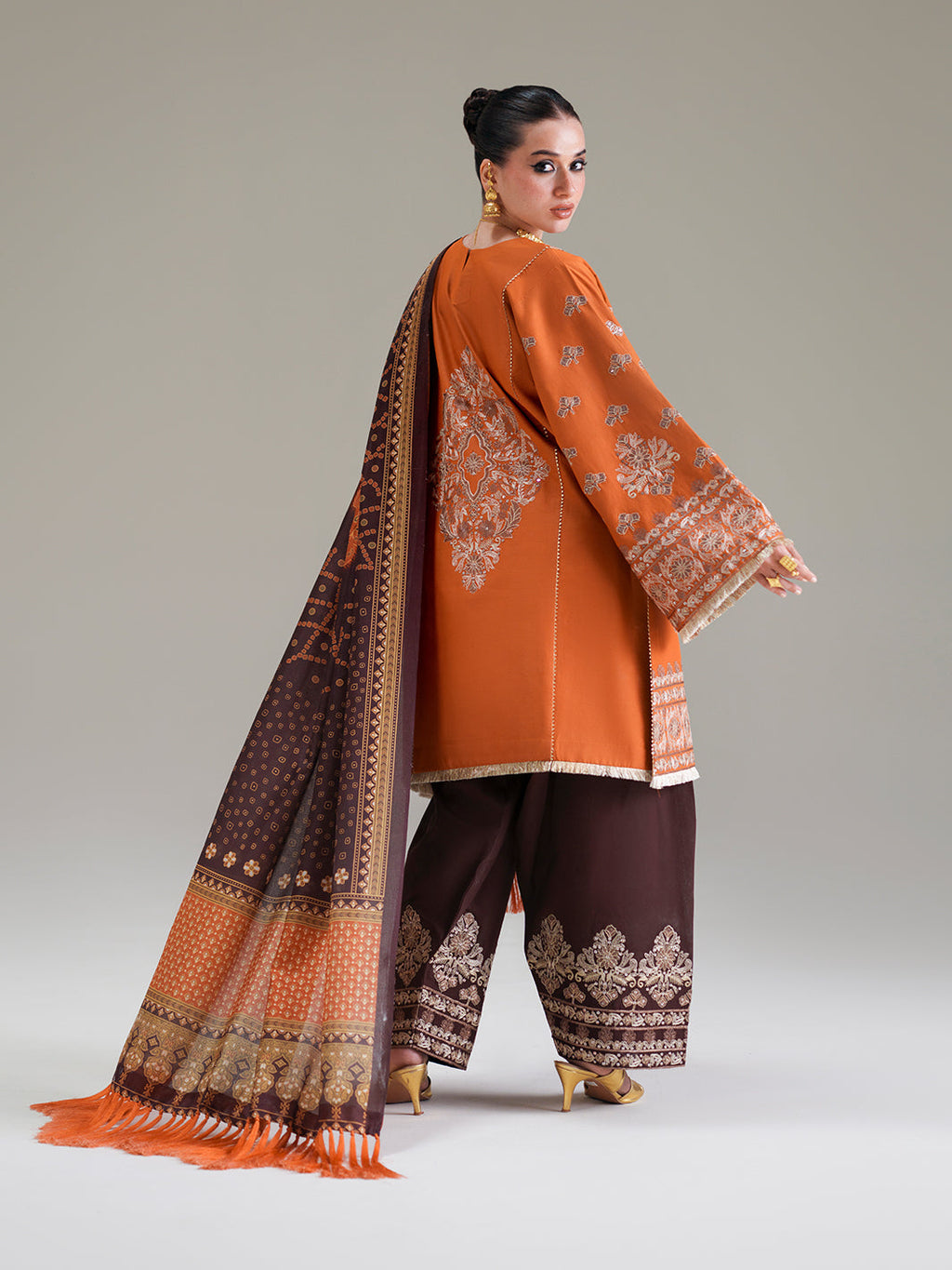 Burnt Orange Embroidered Three-Piece Ethnic Suit
