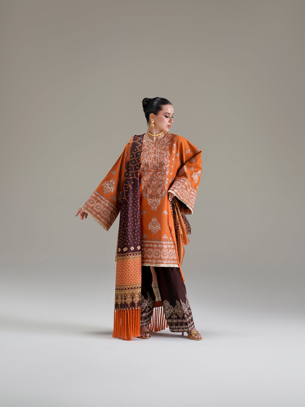 Burnt Orange Embroidered Three-Piece Ethnic Suit