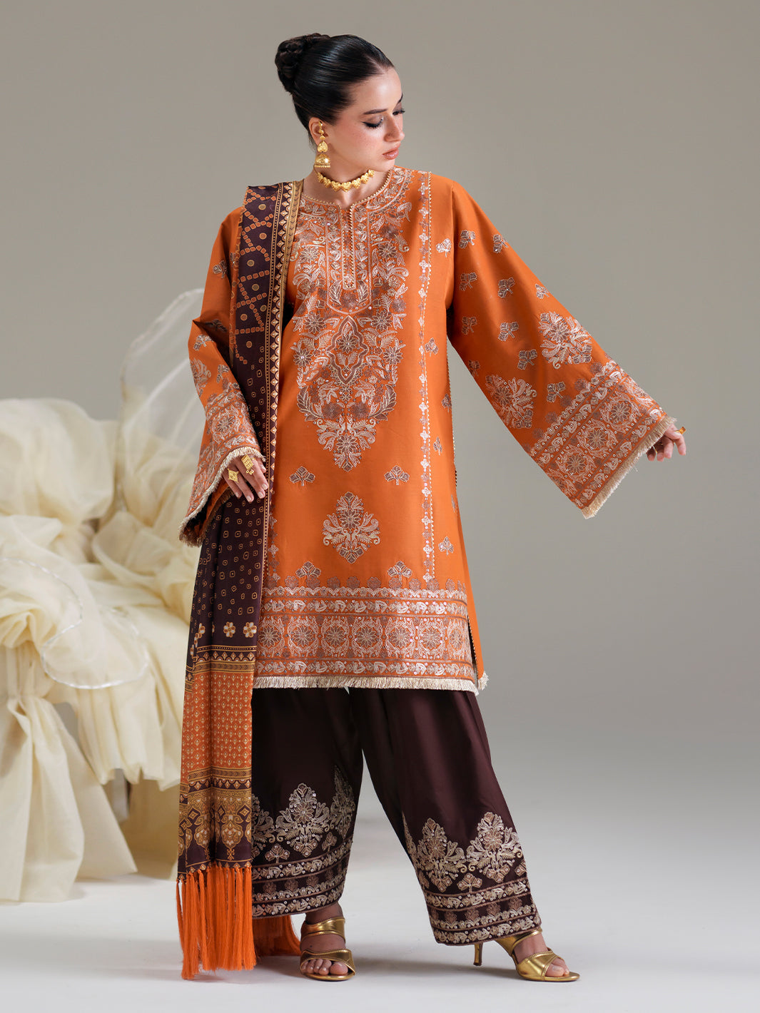 Burnt Orange Embroidered Three-Piece Ethnic Suit
