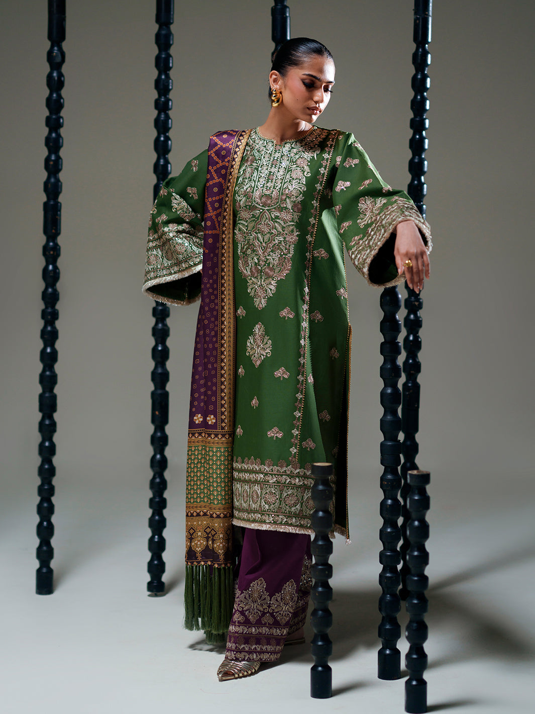 Olive Green Embroidered Three-Piece Ethnic Suit