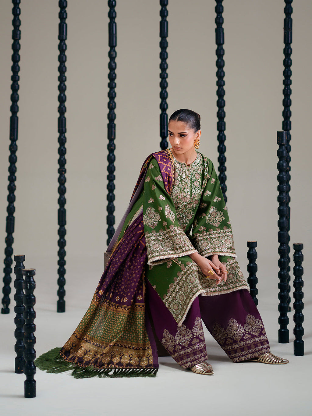Olive Green Embroidered Three-Piece Ethnic Suit