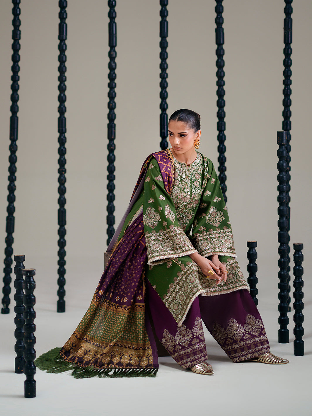 Olive Green Embroidered Three-Piece Ethnic Suit