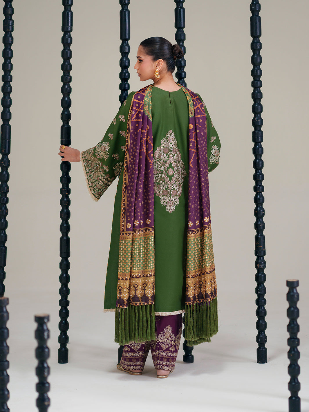 Olive Green Embroidered Three-Piece Ethnic Suit