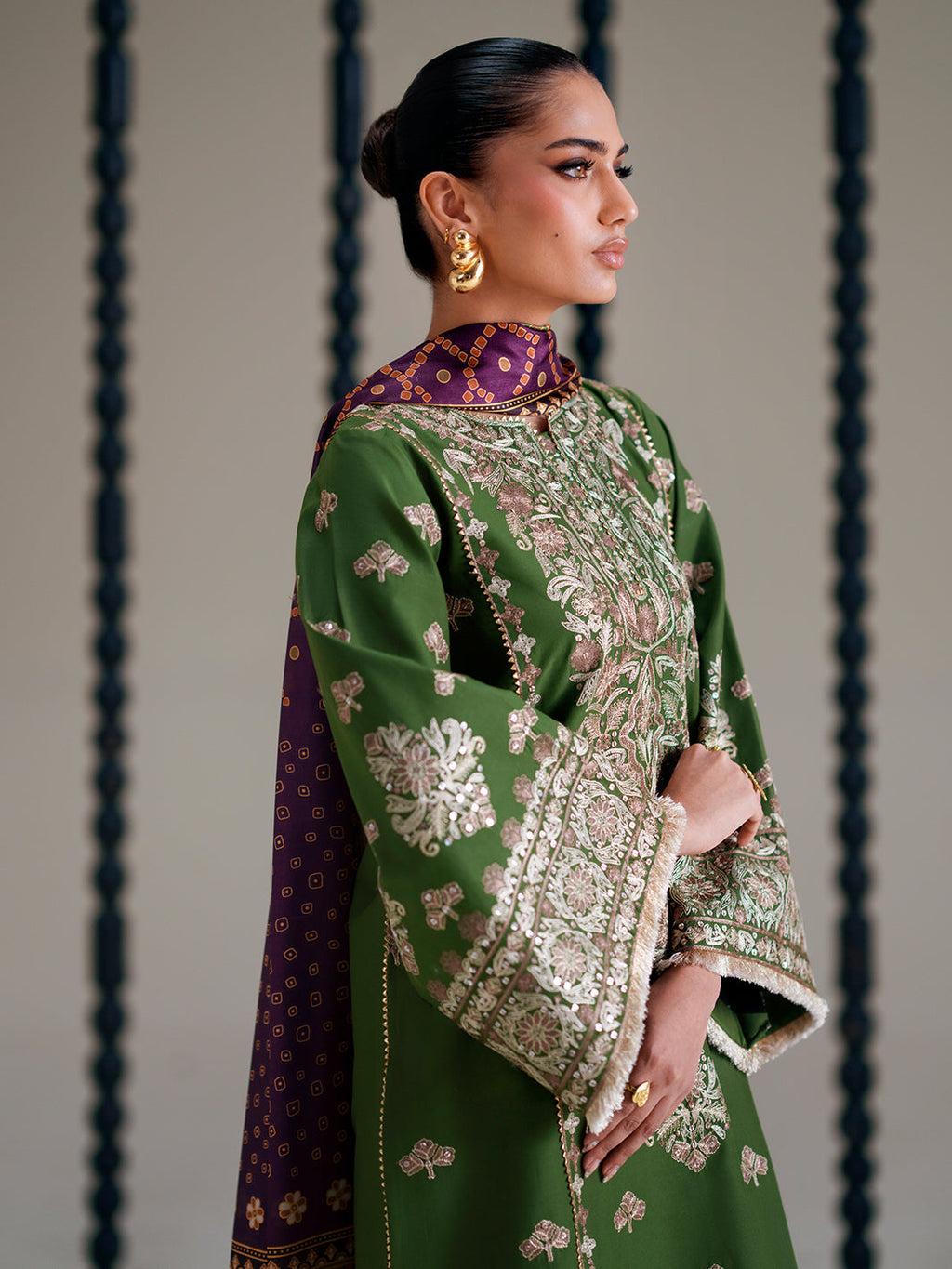 Olive Green Embroidered Three-Piece Ethnic Suit