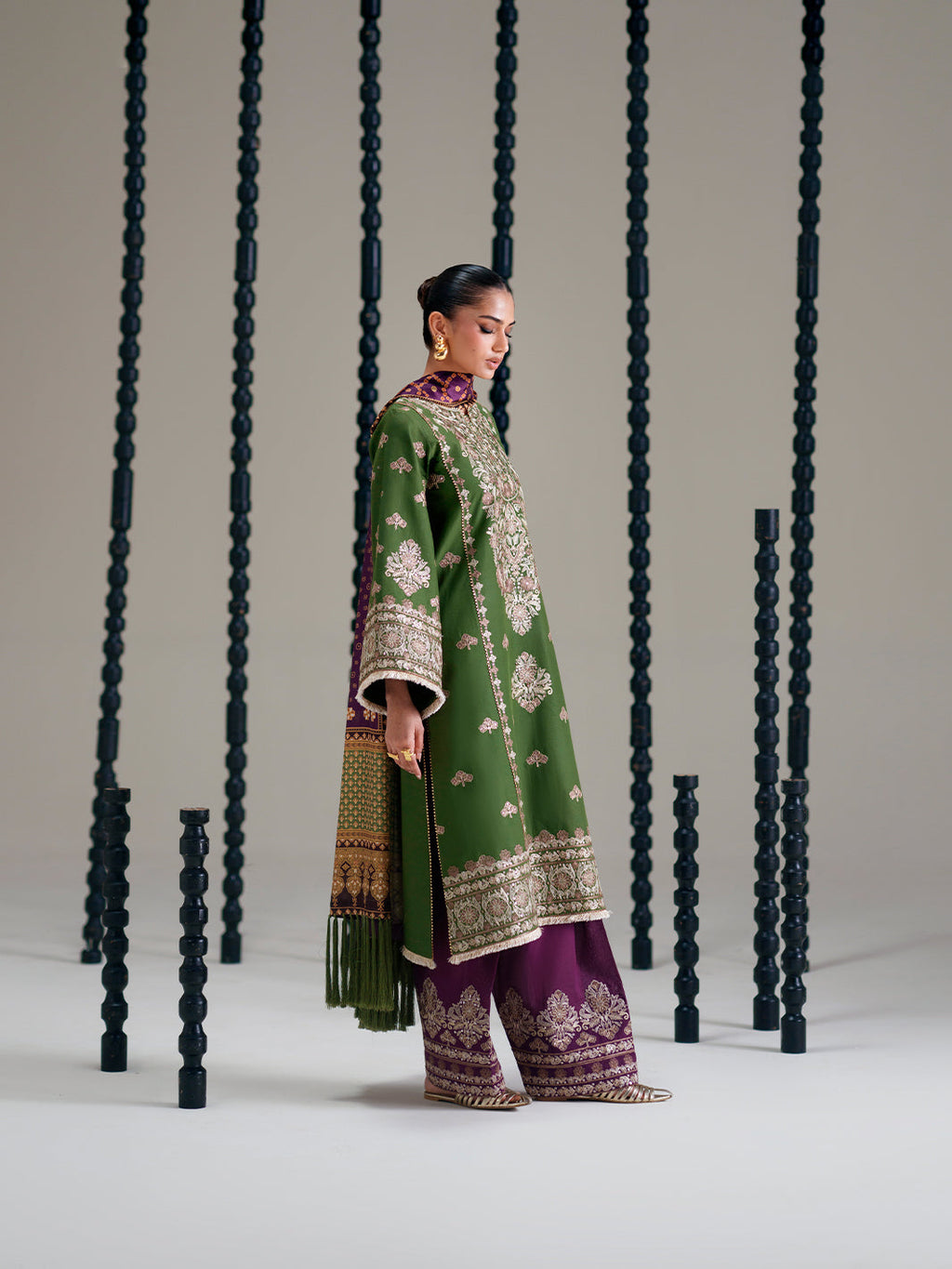 Olive Green Embroidered Three-Piece Ethnic Suit