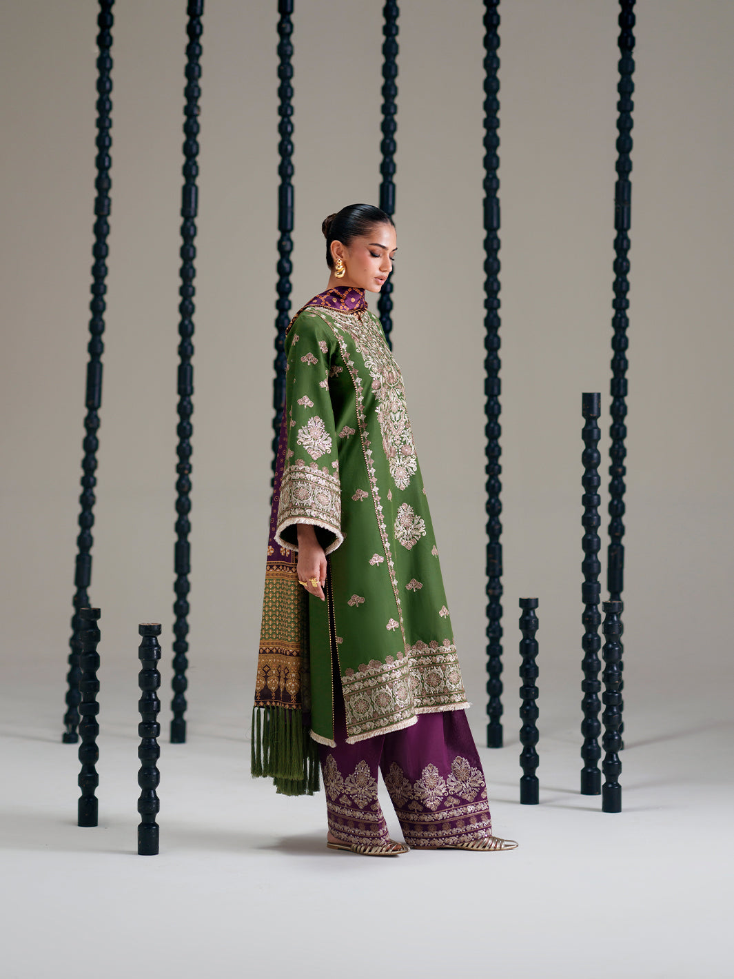 Olive Green Embroidered Three-Piece Ethnic Suit
