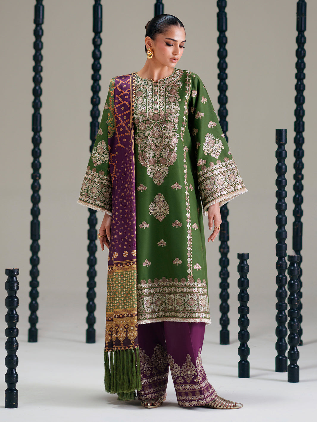 Olive Green Embroidered Three-Piece Ethnic Suit