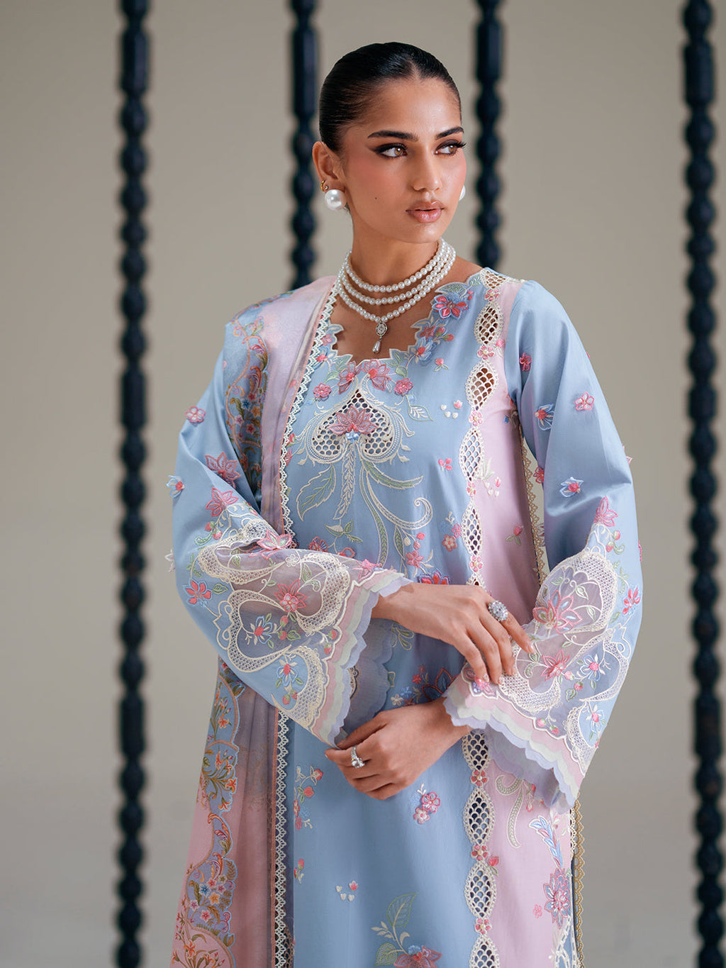 Pastel Blue Floral Embroidered Lawn Suit