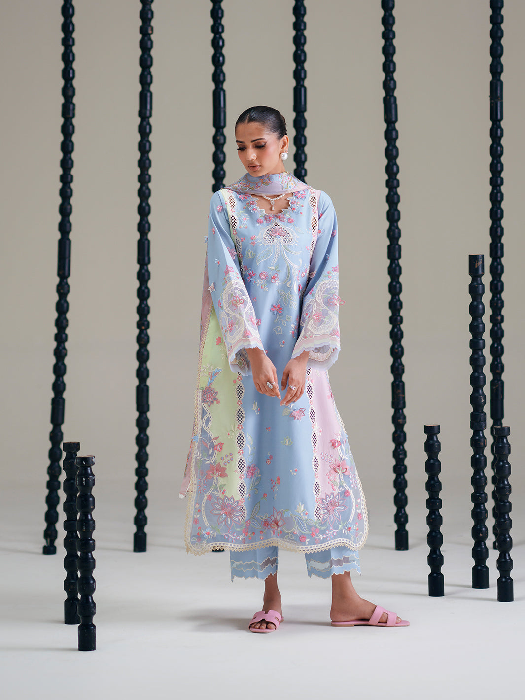 Pastel Blue Floral Embroidered Lawn Suit