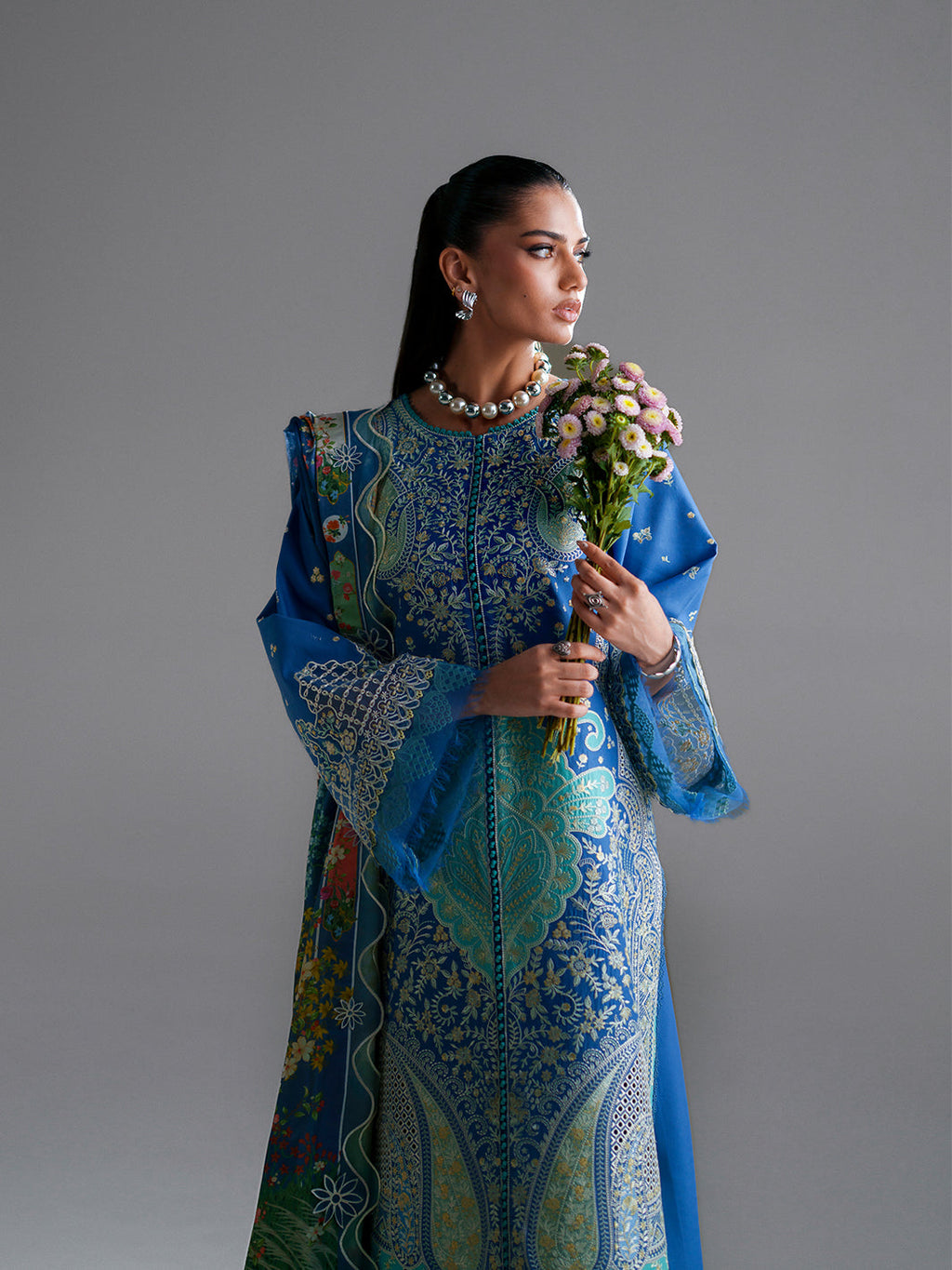 Azure Paisley Embroidered Three-Piece Lawn Suit