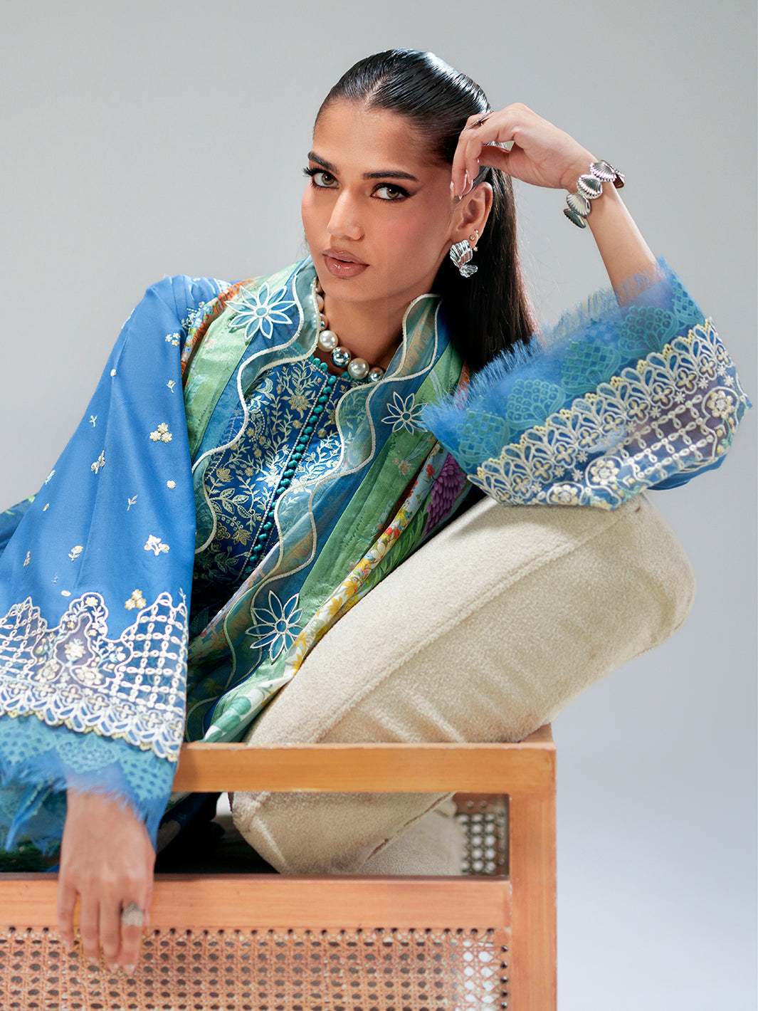 Azure Paisley Embroidered Three-Piece Lawn Suit