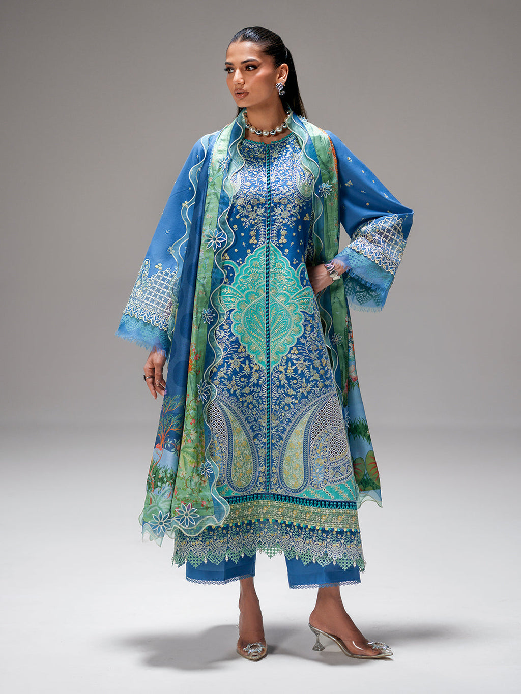 Azure Paisley Embroidered Three-Piece Lawn Suit