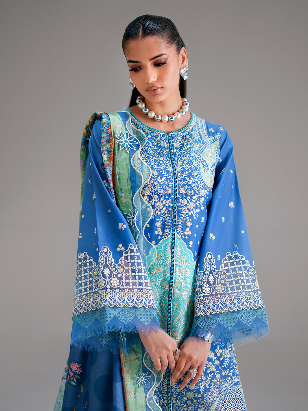 Azure Paisley Embroidered Three-Piece Lawn Suit