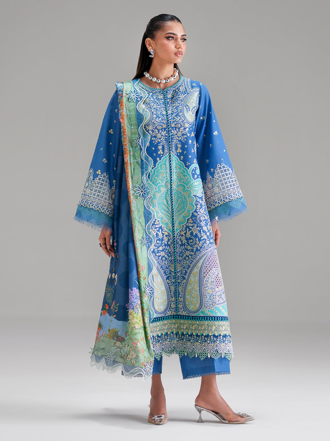Azure Paisley Embroidered Three-Piece Lawn Suit
