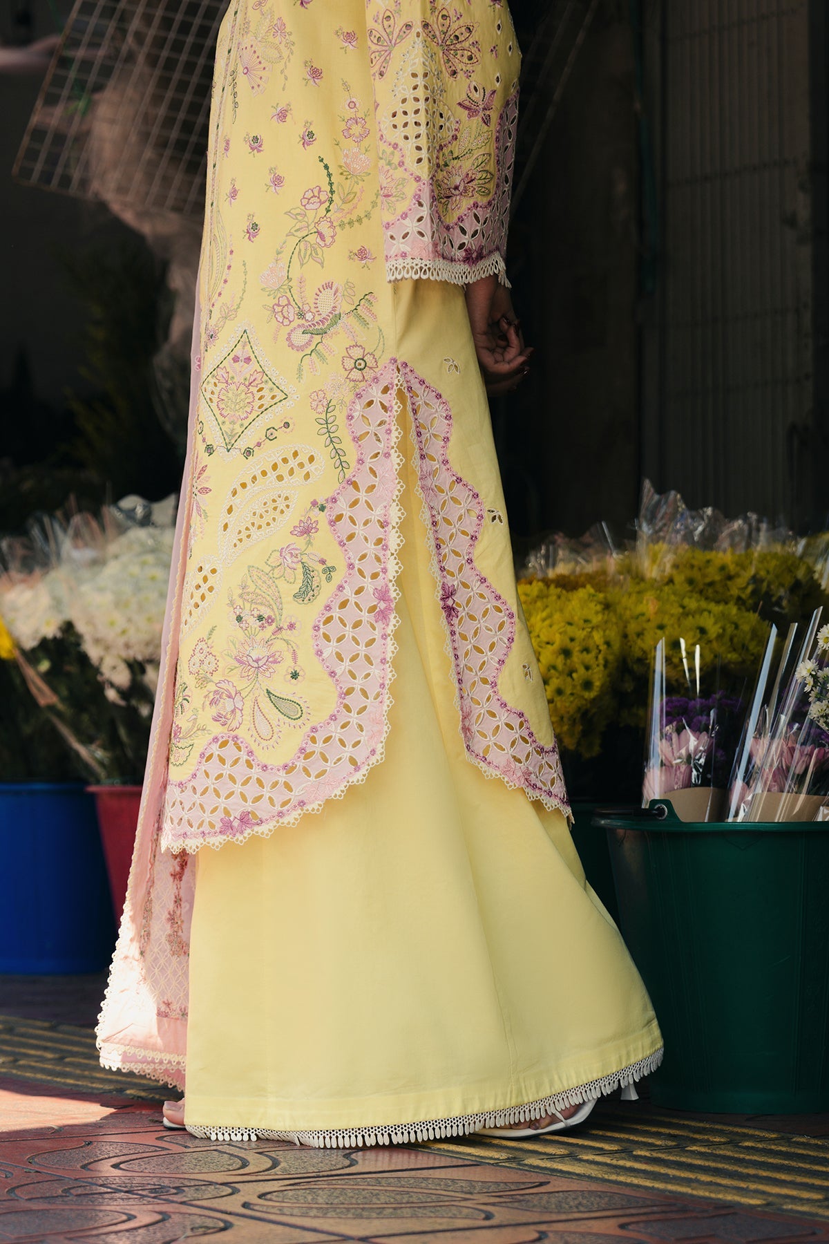 Lemon Yellow Embroidered Cutwork Luxury Suit