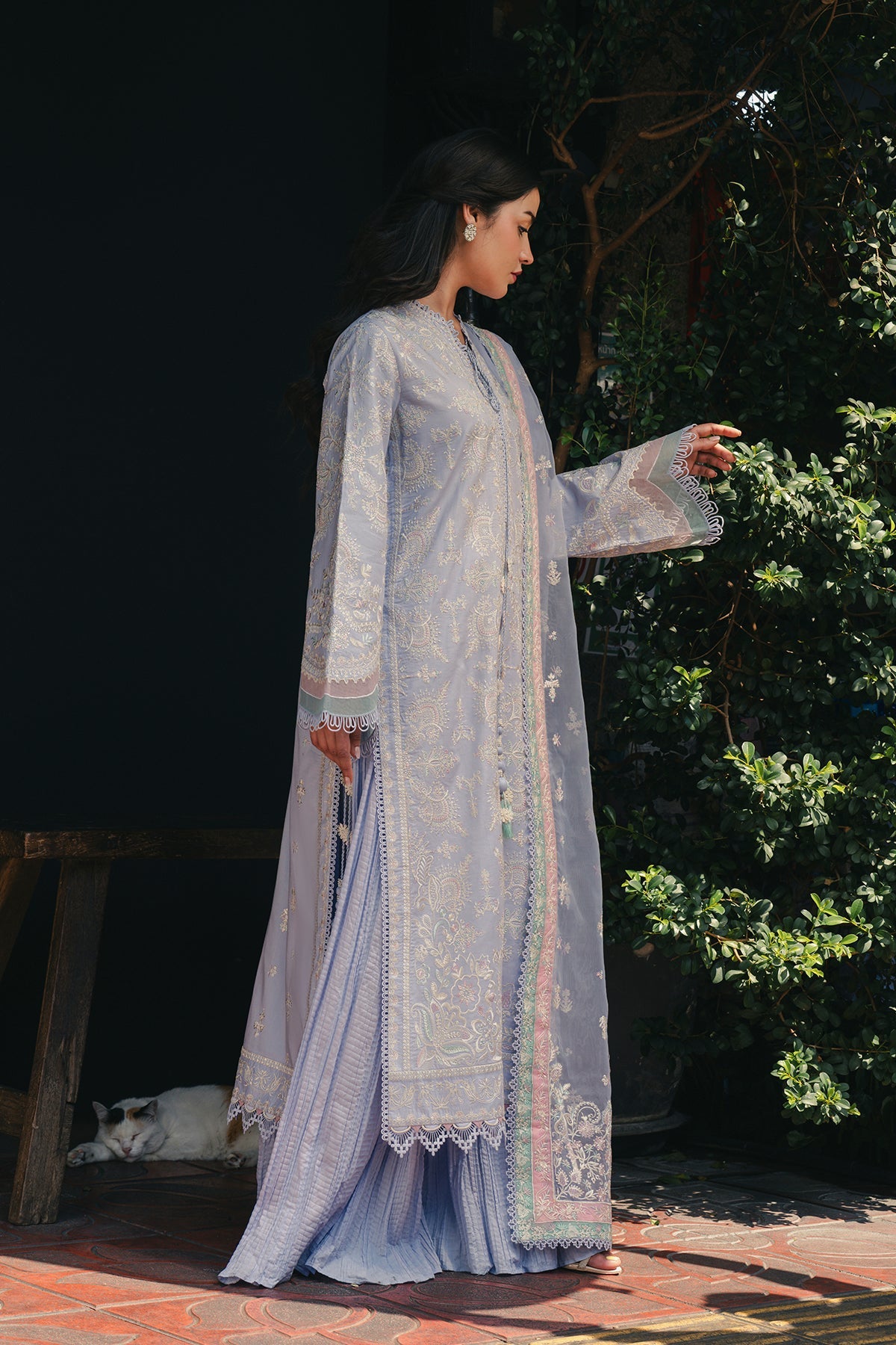 Lavender Mist Embroidered Three-Piece Luxury Ensemble