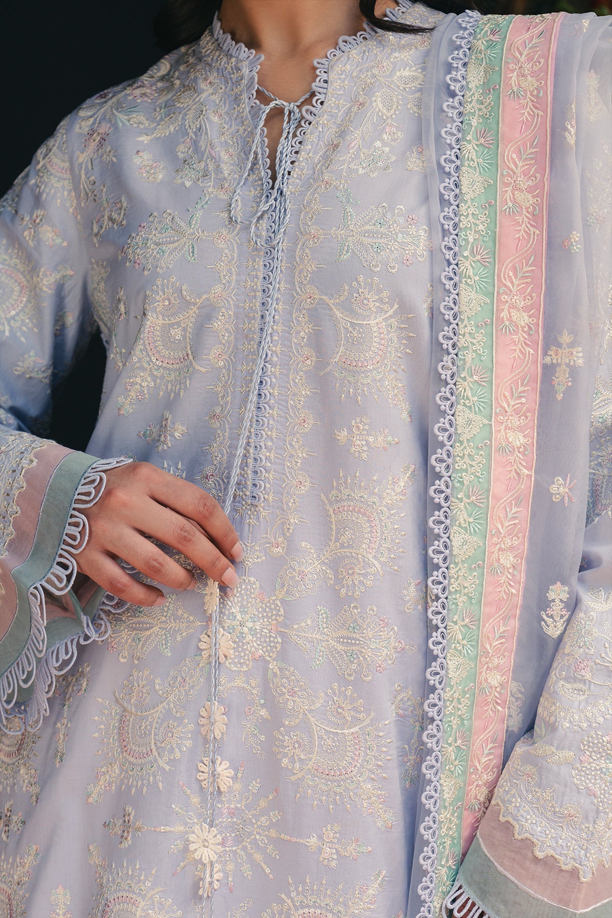 Lavender Mist Embroidered Three-Piece Luxury Ensemble