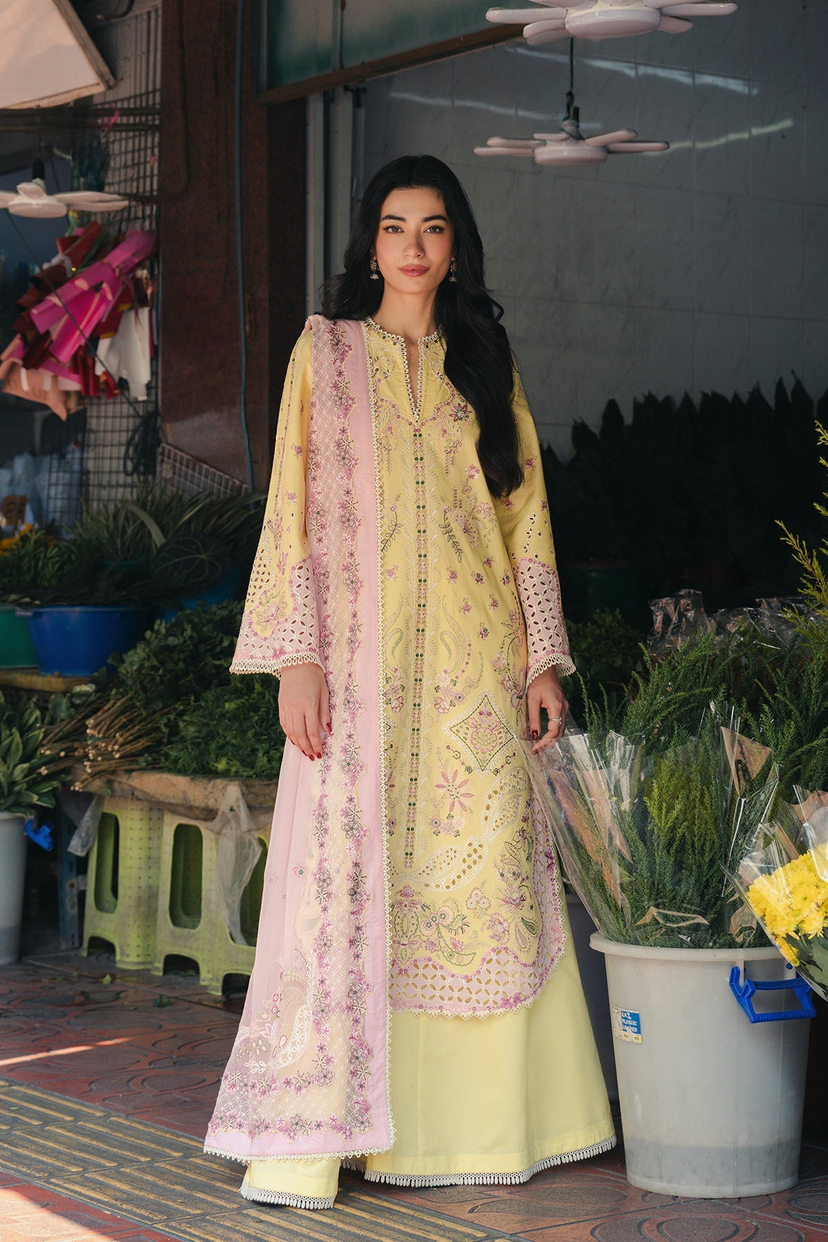Lemon Yellow Embroidered Cutwork Luxury Suit