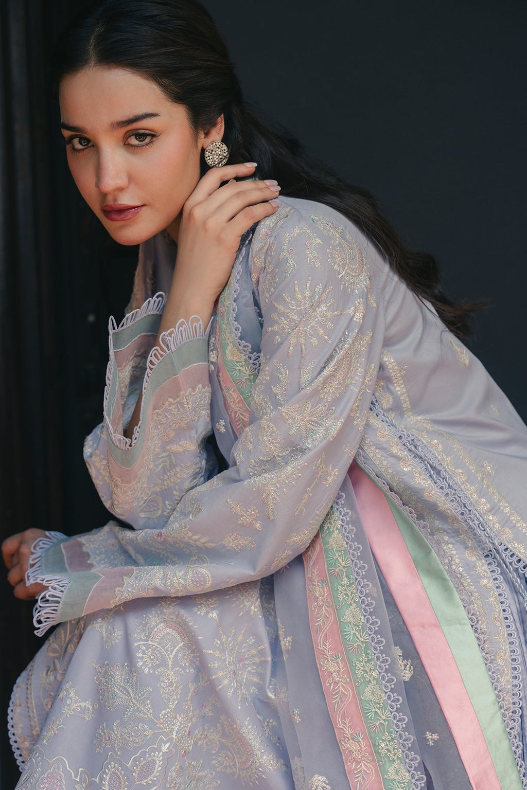Lavender Mist Embroidered Three-Piece Luxury Ensemble