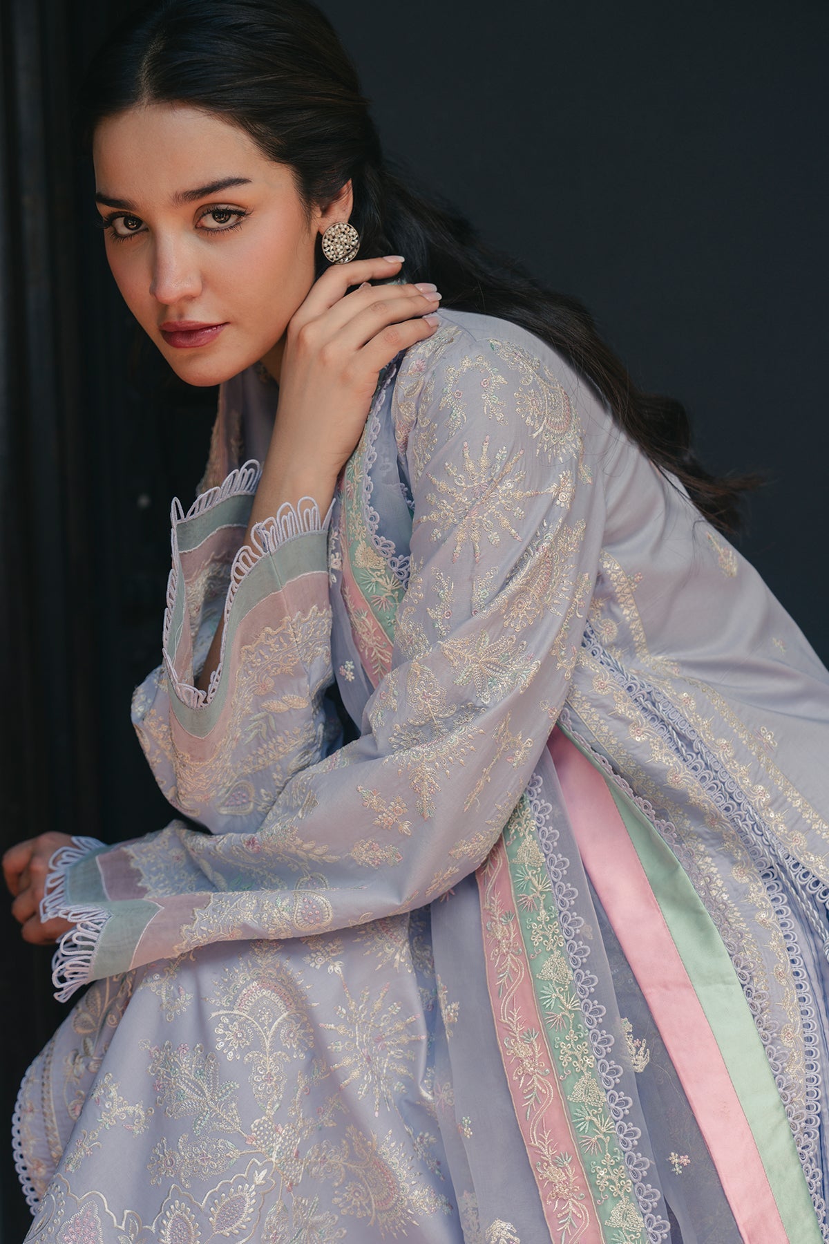 Lavender Mist Embroidered Three-Piece Luxury Ensemble