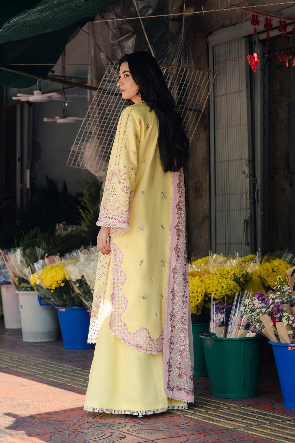 Lemon Yellow Embroidered Cutwork Luxury Suit