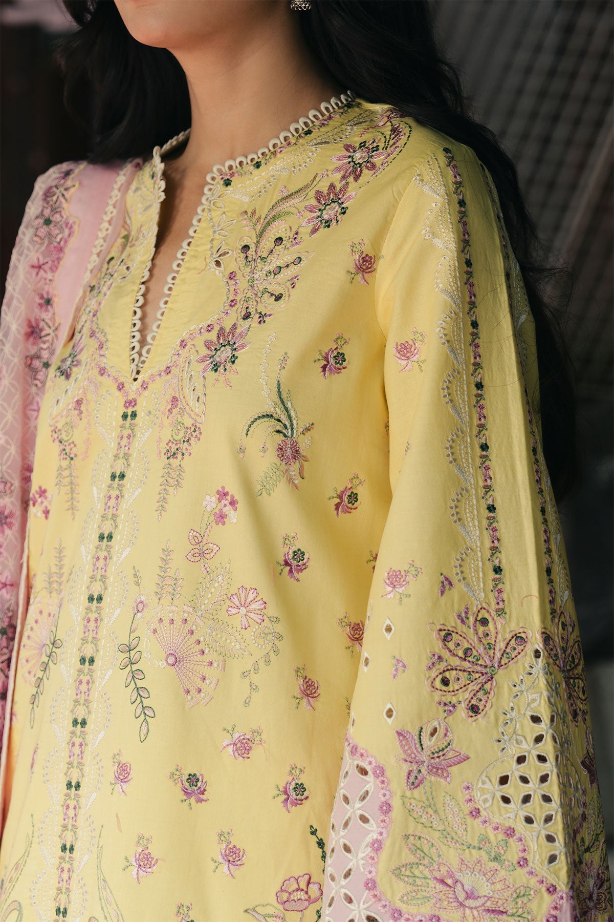 Lemon Yellow Embroidered Cutwork Luxury Suit